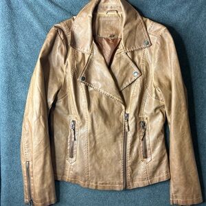 Max Studio Caramel Brown Worn In Darkened look PU Leather Moto City Jacket EUC